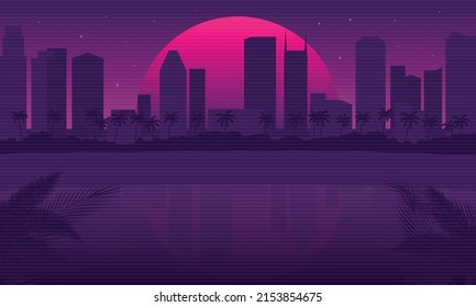 El fondo de Miami Beach es retro. Miami Cityscape aislado en un fondo oscuro con reflexión en agua, sol retro y texturas de grunge vintage. Vaporwave, fondo Cyberpunk. Ilustración del vector