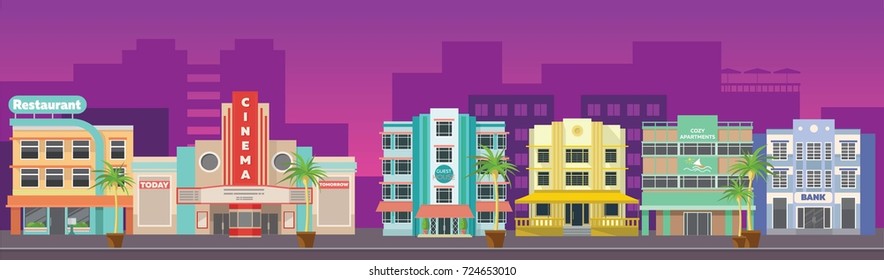 Retro Miami skyline panorama at sunset.  Cartoon game location. Background for games apps or mobile development.