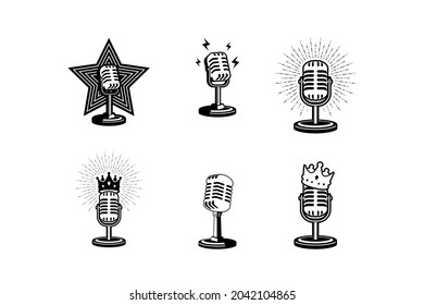 Retro Mic Microphone Vector Illustration. Design Element For Podcast Or Karaoke Logo, Label, Emblem, Sign.