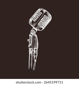 Um microfone retrô em uma ilustração de esboço de suporte. Clipart de vetor desenhado à mão de um microfone. Desenho de esboço em estilo de gravação - conceito de concerto, podcast, apresentação