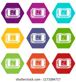 Retro microchip icons 9 set coloful isolated on white for web