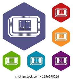 Retro microchip icons vector colorful hexahedron set collection isolated on white