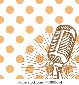 Retro microphone background. Hand drawn vintage illustration. Suitable for banner, ad, placard, invitation to karaoke night party. Vintage design element with seamless pattern on backdrop