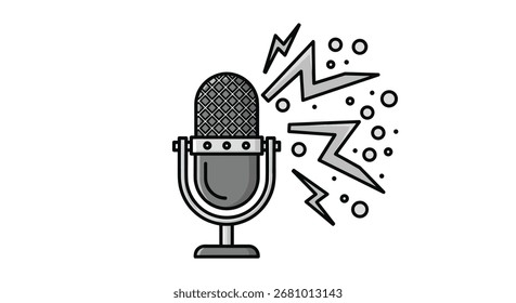 Retro microphone broadcasting soundwaves and lightning bolts.