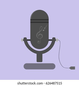 Retro microphone with cable. Flat design, vector illustration.