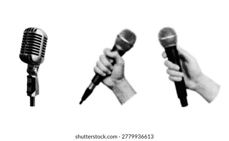 Retro microphone collection, transparent, vector, halftone effect. Vintage audio, music, podcast, broadcasting, and interview equipment.