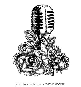 Retro microphone decorated with roses, graphic vector black and white illustration. Isolate it. For logos, badges, stickers and prints. For postcards, business cards, flyers and posters.