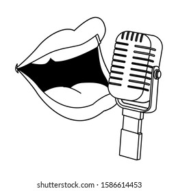 retro microphone and female mouth icon over white background, flat design, vector illustration