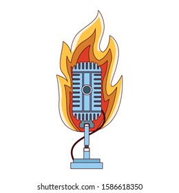retro microphone in flames icon over white background, colorful design, vector illustration