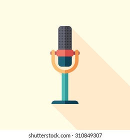 Retro microphone flat square icon with long shadows.