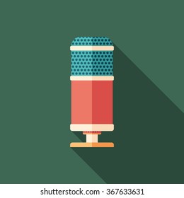 Retro microphone flat square icon with long shadows.