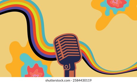 Retro Microphone with Futuristic Rainbow Waves on Abstract Background