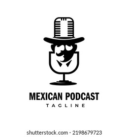 Plantilla de logotipo de podcast de cabeza de caballero del micrófono retro