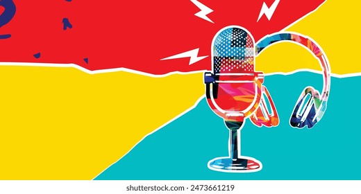 Retro microphone with headphones on colorful background. Podcasting and creativity in music concept