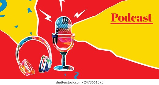 Retro microphone with headphones on red and yellow background. Podcasting and creativity in music concept