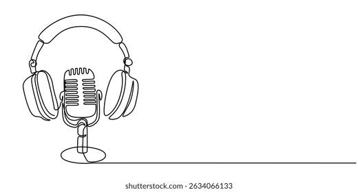 Retro microphone and headphones radio podcast concept simple continuous one line drawing . Transparent background png file, Continuous one single line drawing Retro microphone and headphone speaker.
