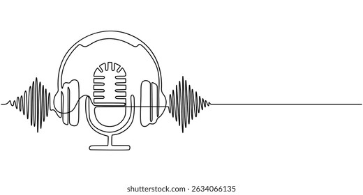 Retro microphone and headphones radio podcast concept simple continuous one line drawing . Transparent background png file, Continuous one single line drawing Retro microphone and headphone speaker.