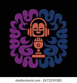 Retro microphone with headphones and a smiling face, surrounded by colorful, swirling text on a black background.