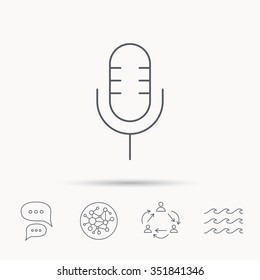 Retro microphone icon. Karaoke or radio sign. Global connect network, ocean wave and chat dialog icons. Teamwork symbol.