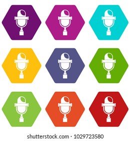 Retro microphone icon set many color hexahedron isolated on white vector illustration