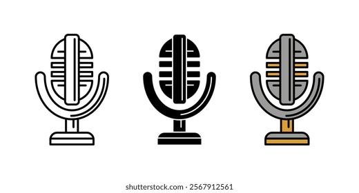 Retro microphone icon. Vintage studio mic vector illustration. Singer audio record symbol. Radio or broadcast microphone sign. Karaoke equipment. Old classic studio microphone. Music concert pictogram