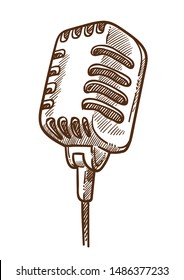 Retro microphone isolated sketch, record studio or stage equipment vector. Sound recording and singing device, music concert or show, loud volume, performance. Radio station tool, musical item drawing