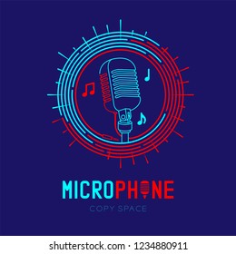 Retro Microphone logo icon outline stroke with music note in staff circle frame dash line design illustration isolated on dark blue background with Microphone text and copy space, vector eps 10