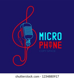 Retro Microphone logo icon outline stroke with Treble Clef shape from cable dash line design illustration isolated on dark blue background with Microphone text and copy space, vector eps 10