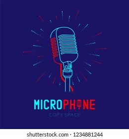 Retro Microphone logo icon outline stroke with radius frame dash line design illustration isolated on dark blue background with Microphone text and copy space, vector eps 10