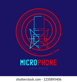 Retro Microphone logo icon outline stroke with spiral frame from cable dash line design illustration isolated on dark blue background with Microphone text and copy space, vector eps 10