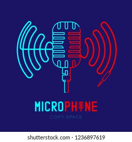 Retro Microphone logo icon outline stroke with wave frame from cable dash line design illustration isolated on dark blue background with Microphone text and copy space, vector eps 10