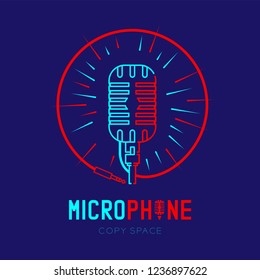 Retro Microphone logo icon outline stroke with radius in circle frame from cable dash line design illustration isolated on dark blue background with Microphone text and copy space, vector eps 10