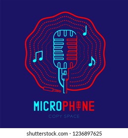Retro Microphone logo icon outline stroke with music note in wave frame from cable dash line design illustration isolated on dark blue background with Microphone text and copy space, vector eps 10