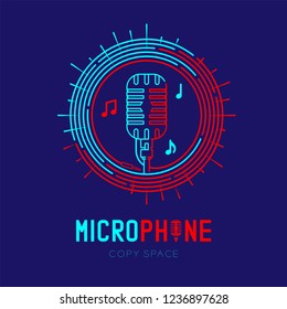Retro Microphone logo icon outline stroke with music note in staff circle frame dash line design illustration isolated on dark blue background with Microphone text and copy space, vector eps 10