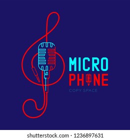 Retro Microphone logo icon outline stroke with Treble Clef shape from cable dash line design illustration isolated on dark blue background with Microphone text and copy space, vector eps 10