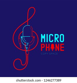Retro Microphone logo icon outline stroke with Treble Clef shape from cable dash line design illustration isolated on dark blue background with Microphone text and copy space, vector eps 10