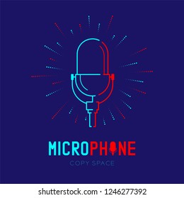 Retro Microphone logo icon outline stroke with radius frame dash line design illustration isolated on dark blue background with Microphone text and copy space, vector eps 10