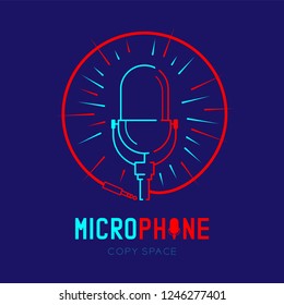Retro Microphone logo icon outline stroke with radius in circle frame from cable dash line design illustration isolated on dark blue background with Microphone text and copy space, vector eps 10