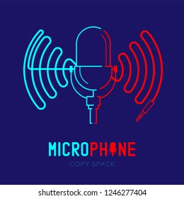 Retro Microphone logo icon outline stroke with wave frame from cable dash line design illustration isolated on dark blue background with Microphone text and copy space, vector eps 10