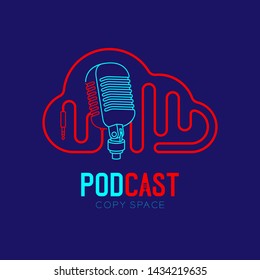 Retro Microphone logo icon outline stroke with Cloud shape frame cable dash line design, podcast internet radio program concept illustration isolated on dark blue background with PODCAST text, vector