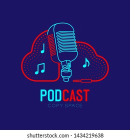 Retro Microphone Logo Icon Outline Stroke With Cloud Shape Frame Cable Dash Line Design, Podcast Internet Radio Program Concept Illustration Isolated On Dark Blue Background With PODCAST Text, Vector