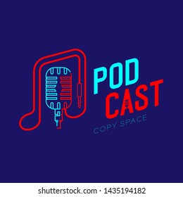Retro Microphone logo icon outline stroke with music note cable dash line design, podcast internet radio program concept illustration isolated on dark blue background with PODCAST text, vector