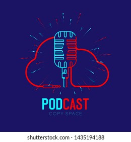 Retro Microphone Logo Icon Outline Stroke With Cloud Shape Frame Cable Dash Line Design, Podcast Internet Radio Program Concept Illustration Isolated On Dark Blue Background With PODCAST Text, Vector