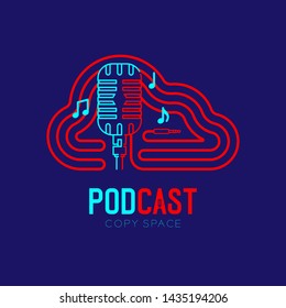 Retro Microphone logo icon outline stroke with Cloud shape frame cable dash line design, podcast internet radio program concept illustration isolated on dark blue background with PODCAST text, vector