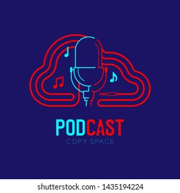 Retro Microphone Logo Icon Outline Stroke With Cloud Shape Frame Cable Dash Line Design, Podcast Internet Radio Program Concept Illustration Isolated On Dark Blue Background With PODCAST Text, Vector