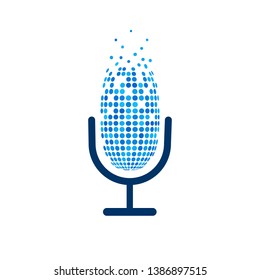 Retro microphone logo on white background. Isolated mic with pixel art. Vector illustration