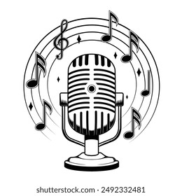 Retro microphone with music notes vector illustration. Condenser mic with clef, notes