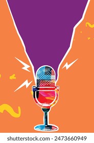 Retro microphone on orange and purple background. Podcasting and creativity in music concept