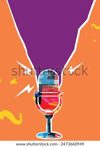 Retro microphone on orange and purple background. Podcasting and creativity in music concept