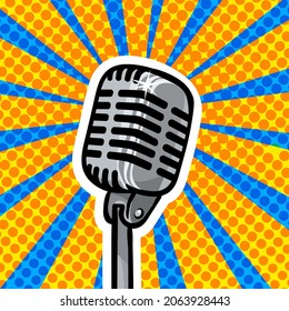 Retro microphone on pop art background. Design element for poster, emblem, badge. Vector illustration